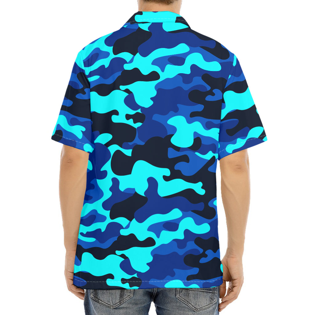 Blue And Black Camouflage Print Aloha Shirt