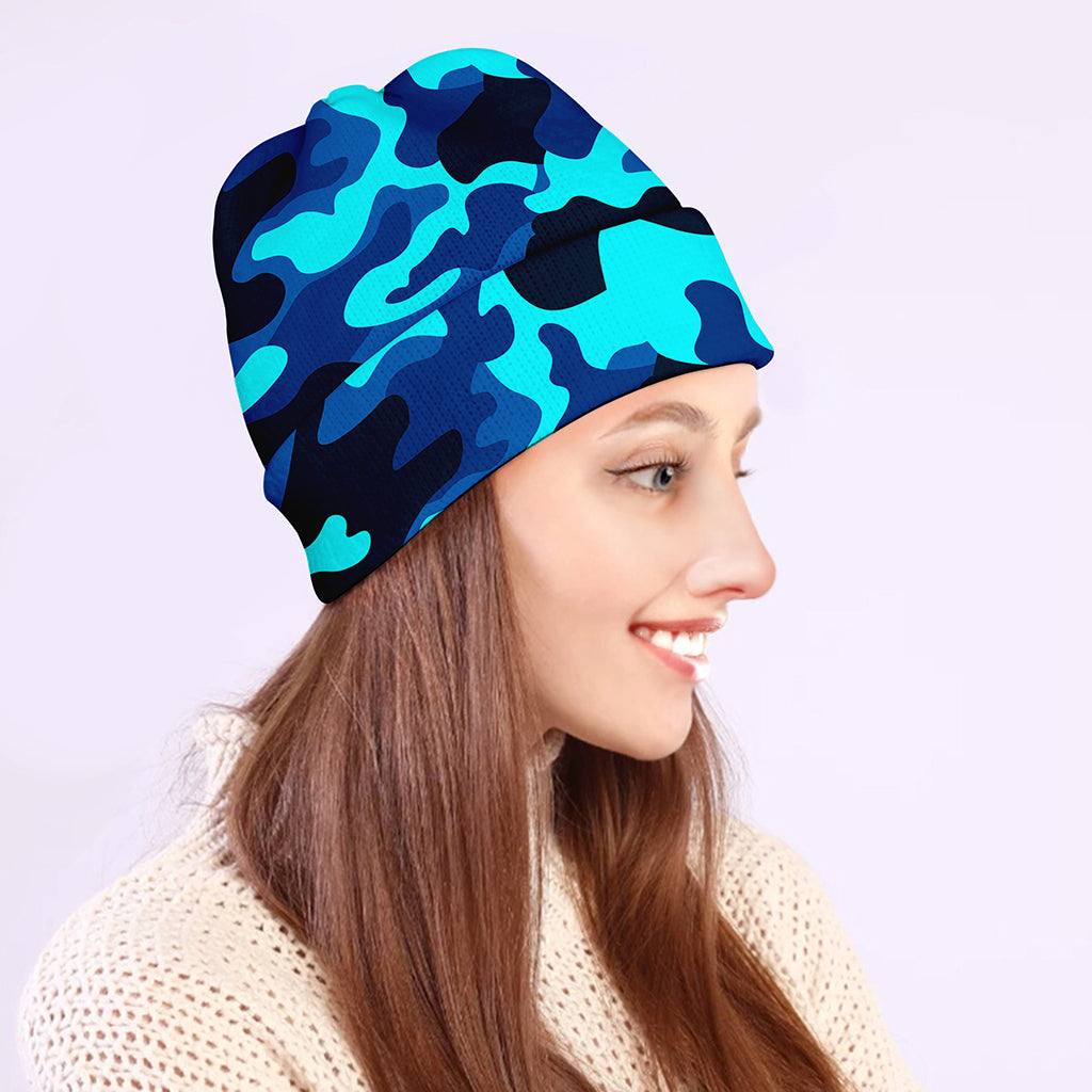 Blue And Black Camouflage Print Beanie