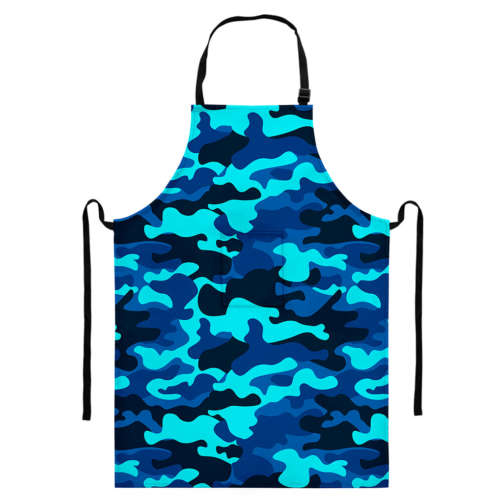 Blue And Black Camouflage Print Bib Apron With Pocket