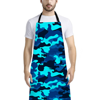 Blue And Black Camouflage Print Bib Apron With Pocket