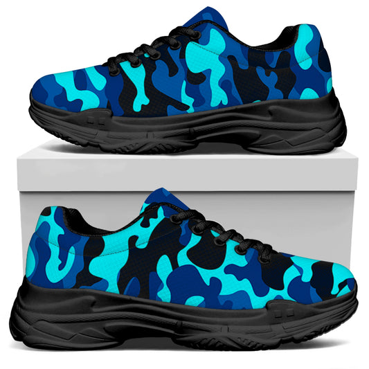 Blue And Black Camouflage Print Black Chunky Shoes