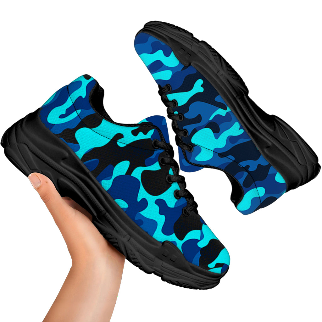 Blue And Black Camouflage Print Black Chunky Shoes