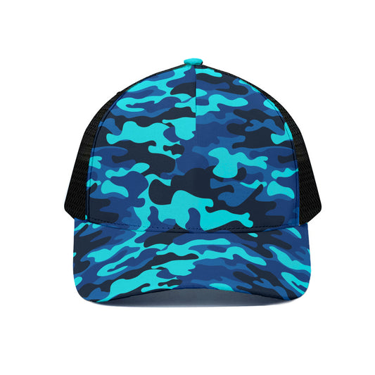 Blue And Black Camouflage Print Black Mesh Trucker Cap