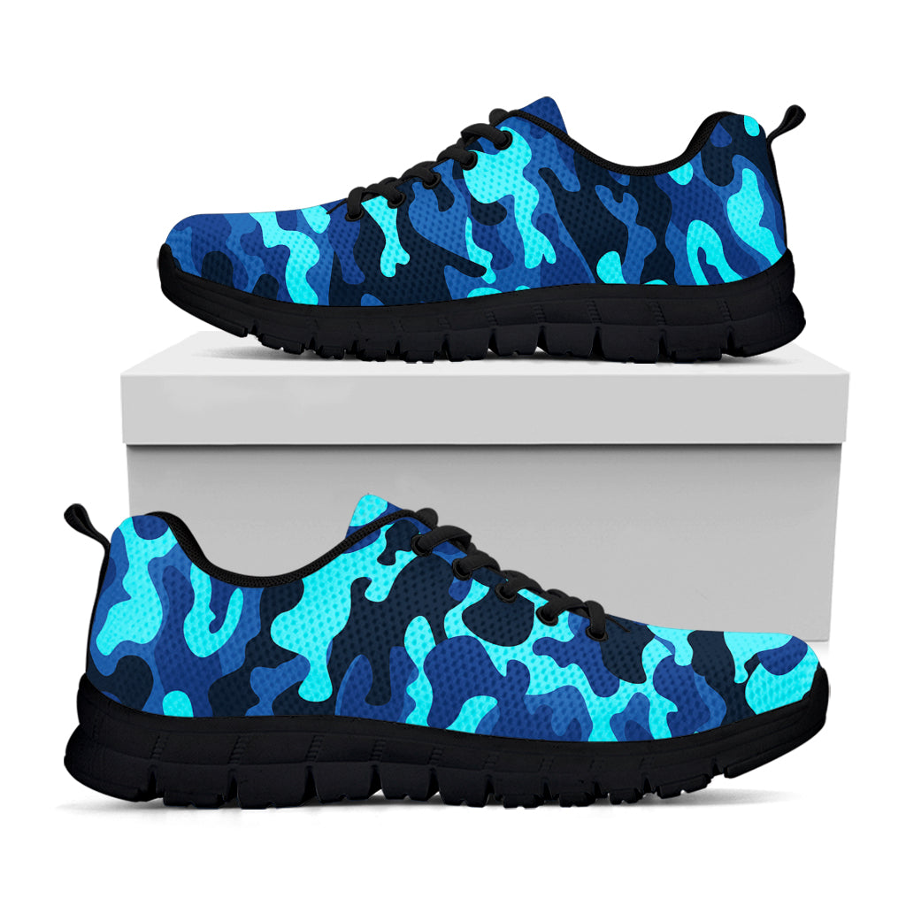 Blue And Black Camouflage Print Black Running Shoes