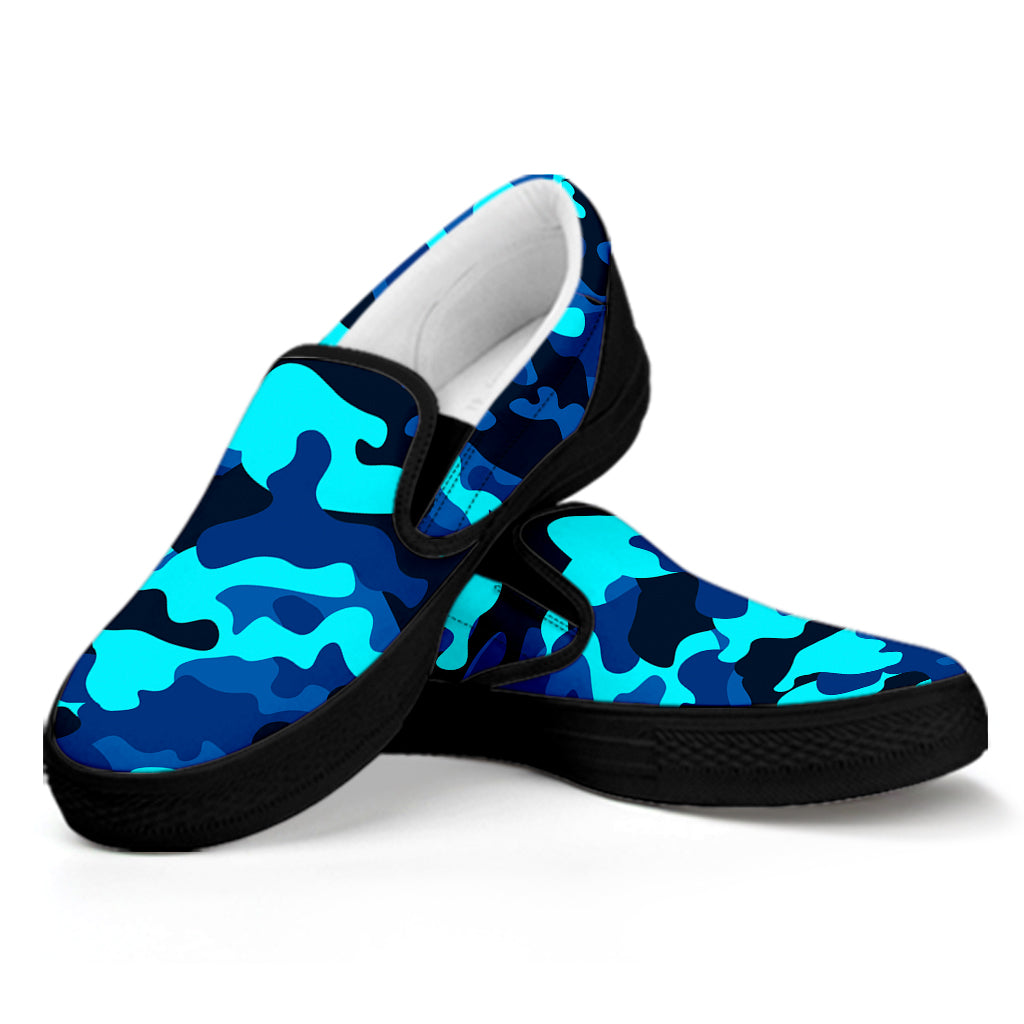 Blue And Black Camouflage Print Black Slip On Sneakers