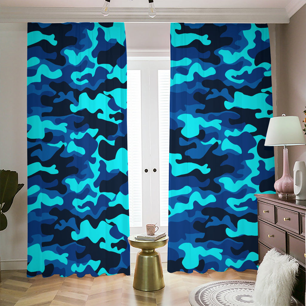 Blue And Black Camouflage Print Blackout Pencil Pleat Curtains