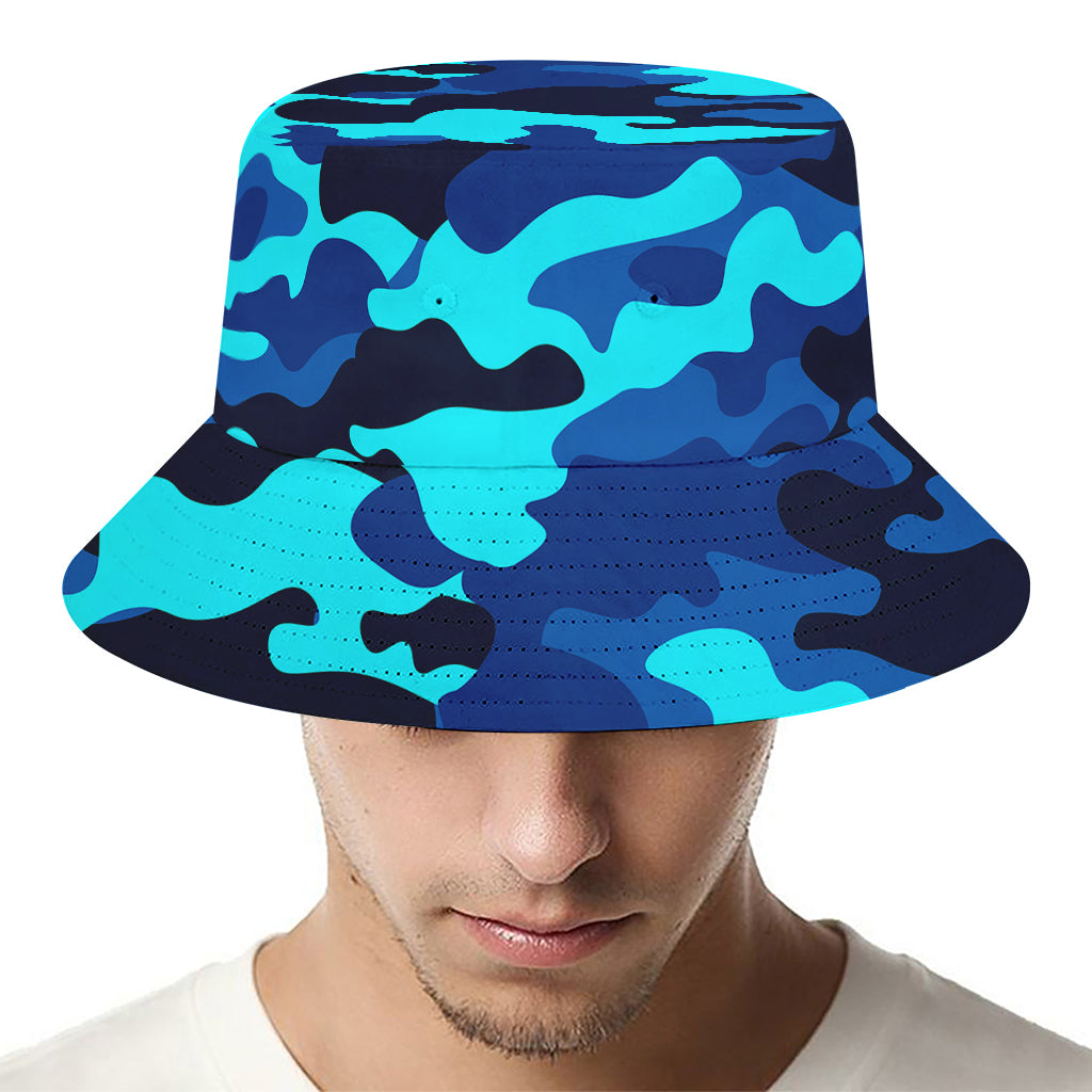 Blue And Black Camouflage Print Bucket Hat