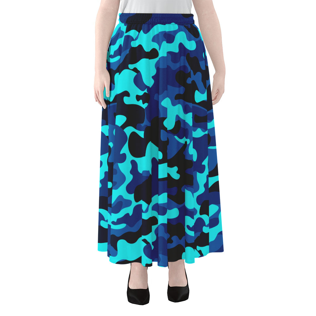 Blue And Black Camouflage Print Chiffon Maxi Skirt
