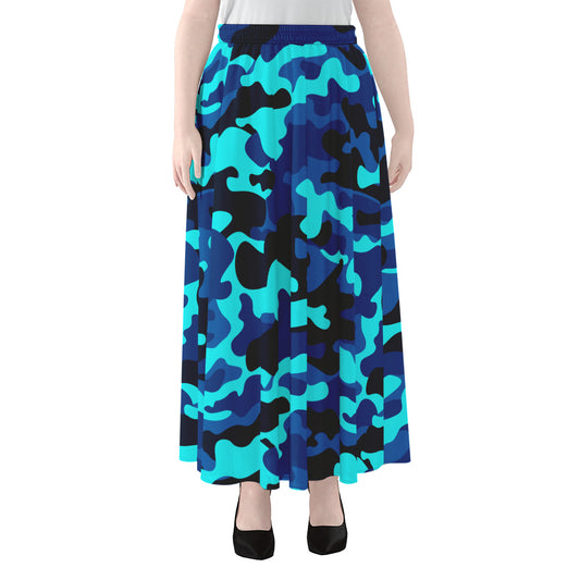 Blue And Black Camouflage Print Chiffon Maxi Skirt
