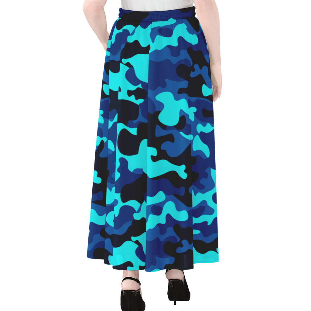 Blue And Black Camouflage Print Chiffon Maxi Skirt
