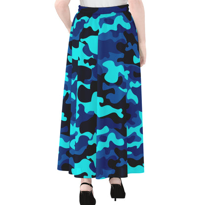 Blue And Black Camouflage Print Chiffon Maxi Skirt