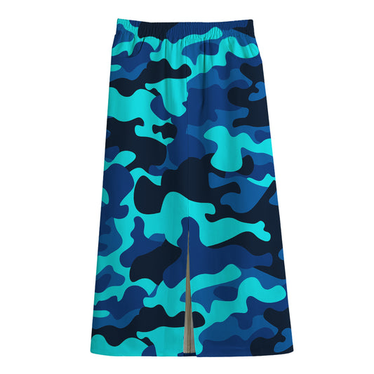 Blue And Black Camouflage Print Cotton Front Slit Maxi Skirt