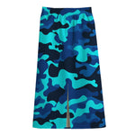Blue And Black Camouflage Print Cotton Front Slit Maxi Skirt