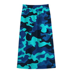 Blue And Black Camouflage Print Cotton Front Slit Maxi Skirt
