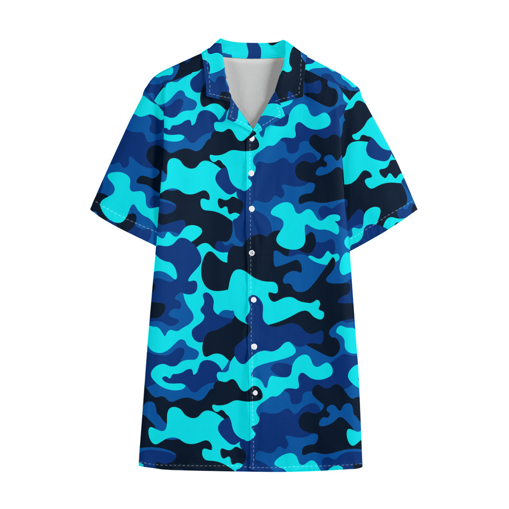 Blue And Black Camouflage Print Cotton Hawaiian Shirt