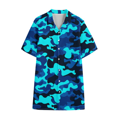 Blue And Black Camouflage Print Cotton Hawaiian Shirt
