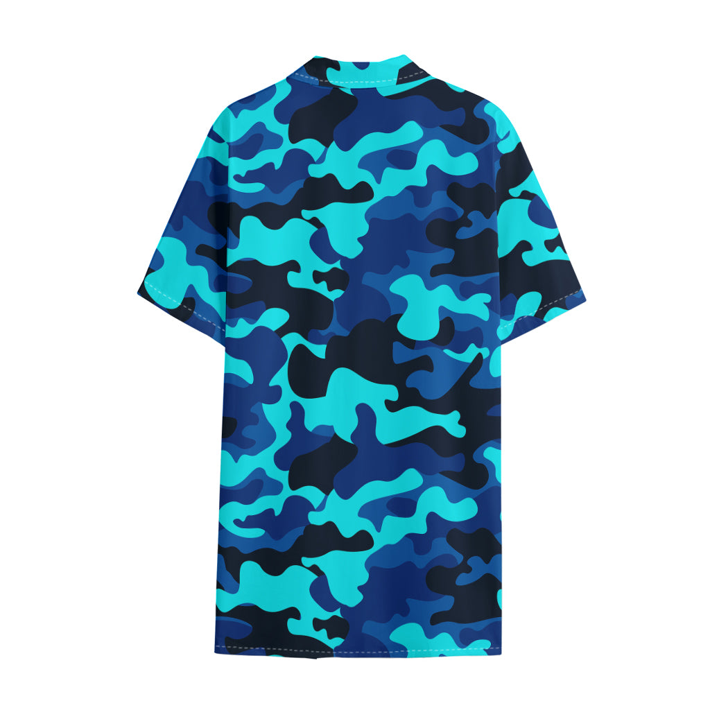 Blue And Black Camouflage Print Cotton Hawaiian Shirt