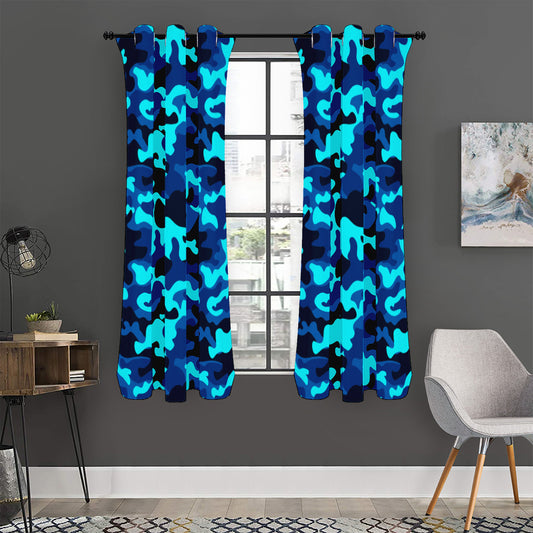 Blue And Black Camouflage Print Curtain