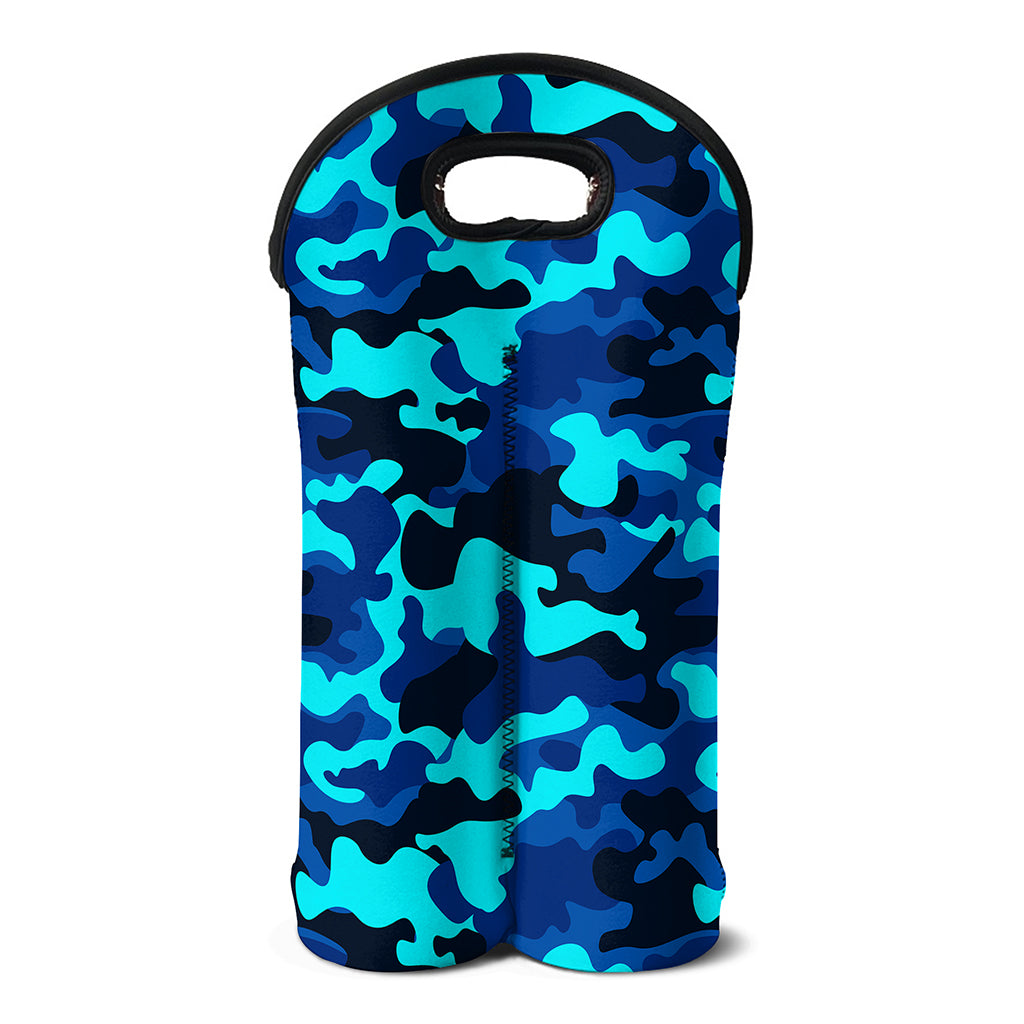 Blue And Black Camouflage Print Double Neoprene Wine Tote