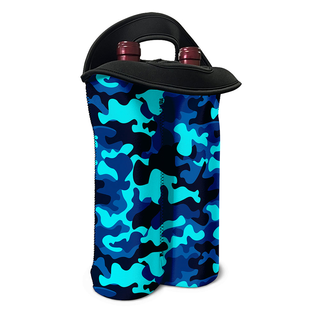 Blue And Black Camouflage Print Double Neoprene Wine Tote