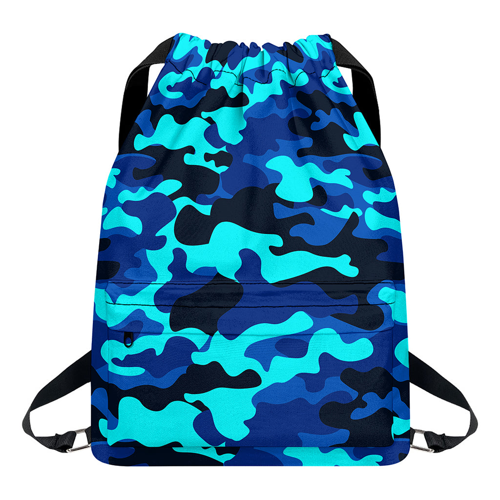 Blue And Black Camouflage Print Drawstring Backpack
