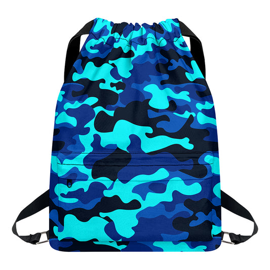 Blue And Black Camouflage Print Drawstring Backpack