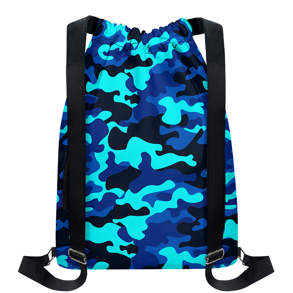 Blue And Black Camouflage Print Drawstring Backpack