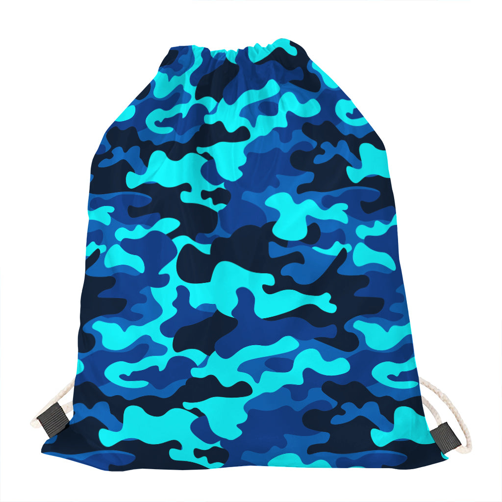 Blue And Black Camouflage Print Drawstring Bag