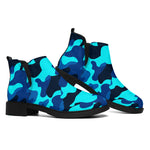 Blue And Black Camouflage Print Flat Ankle Boots