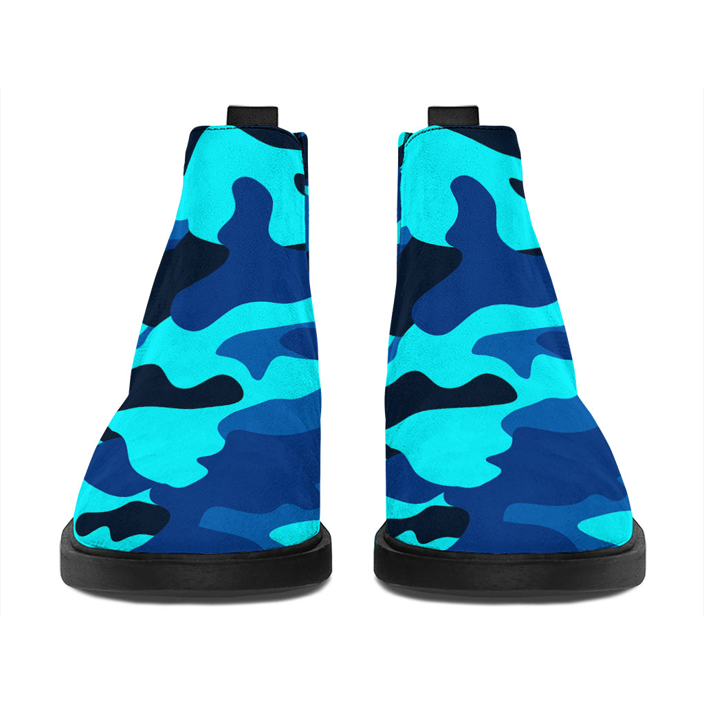 Blue And Black Camouflage Print Flat Ankle Boots