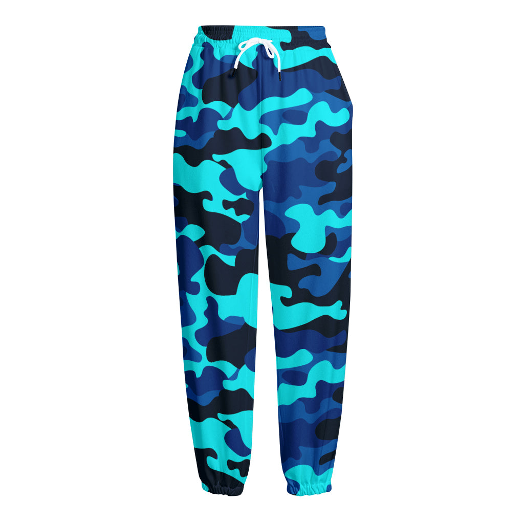 Blue And Black Camouflage Print Fleece Lined Knit Pants