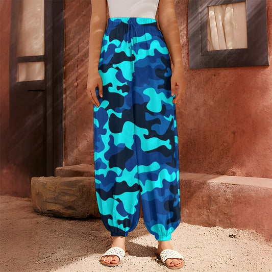 Blue And Black Camouflage Print Harem Pants