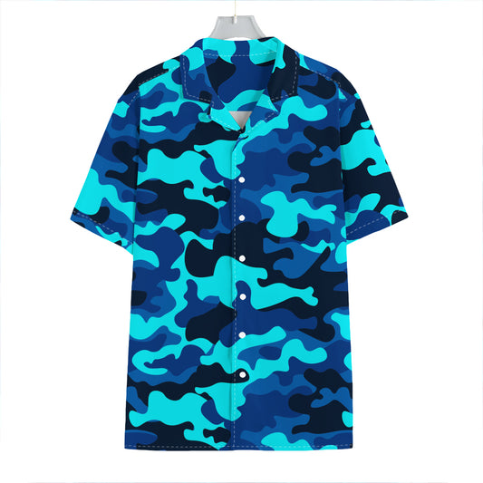 Blue And Black Camouflage Print Hawaiian Shirt