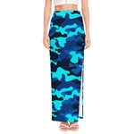 Blue And Black Camouflage Print High Slit Maxi Skirt