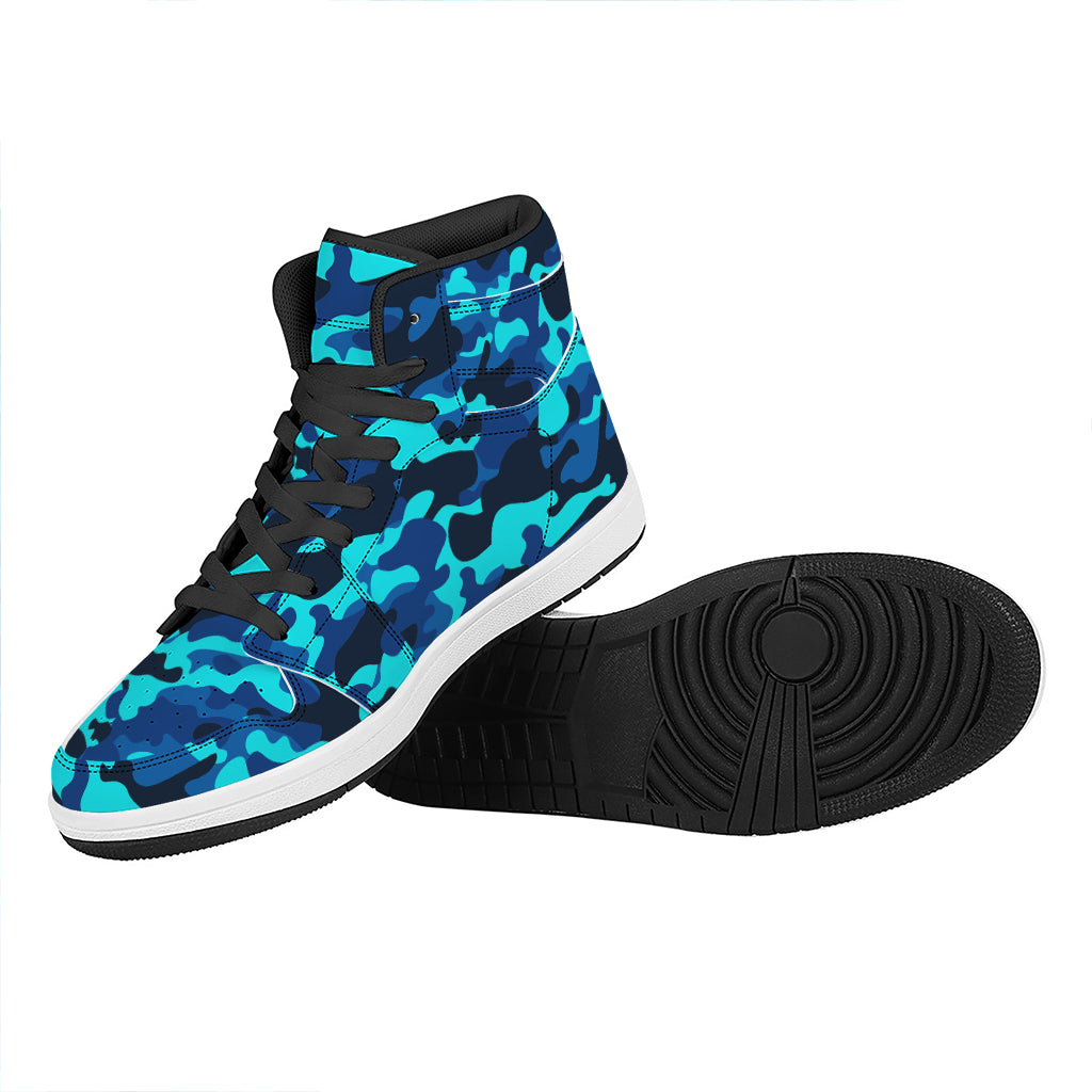 Blue And Black Camouflage Print High Top Leather Sneakers