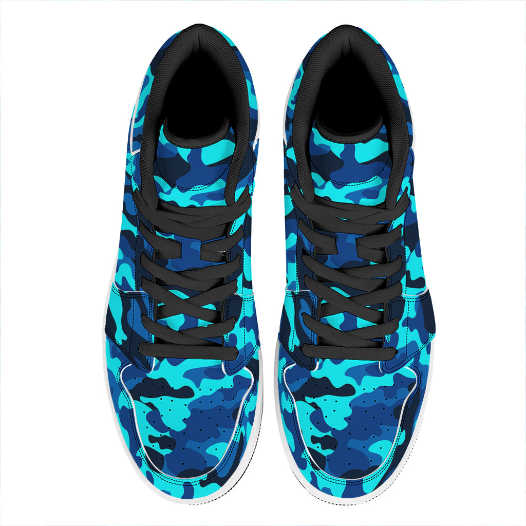 Blue And Black Camouflage Print High Top Leather Sneakers