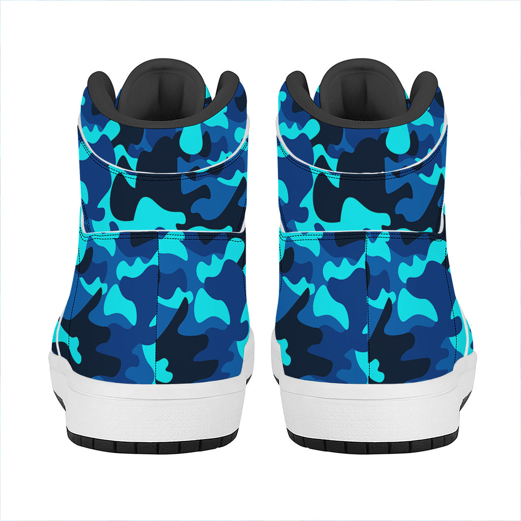 Blue And Black Camouflage Print High Top Leather Sneakers