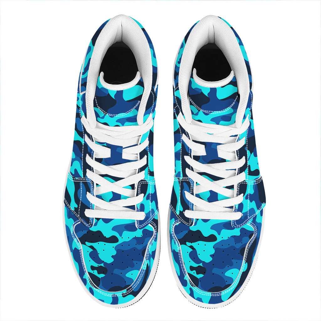 Blue And Black Camouflage Print High Top Leather Sneakers