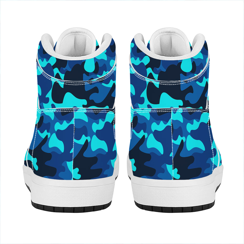 Blue And Black Camouflage Print High Top Leather Sneakers