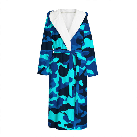 Blue And Black Camouflage Print Hooded Bathrobe