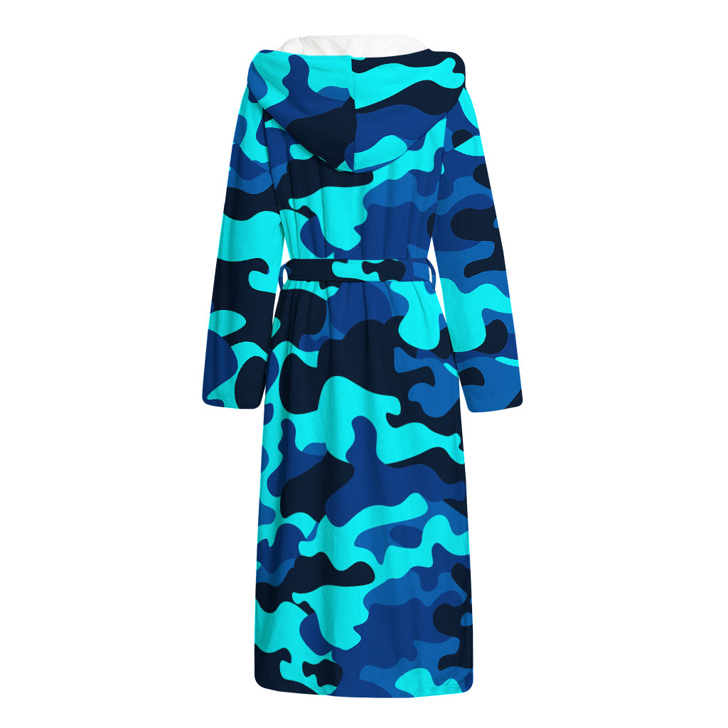 Blue And Black Camouflage Print Hooded Bathrobe
