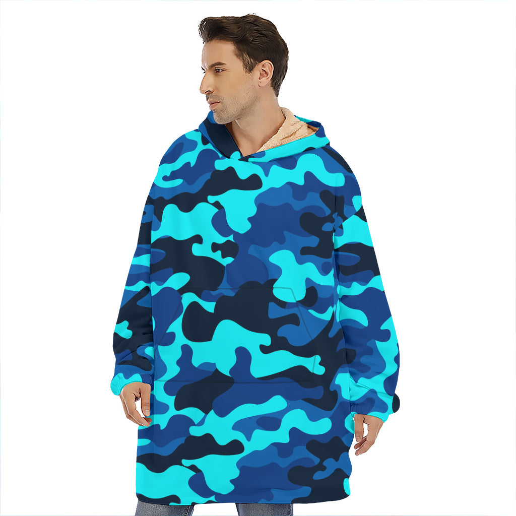 Blue And Black Camouflage Print Hoodie Blanket