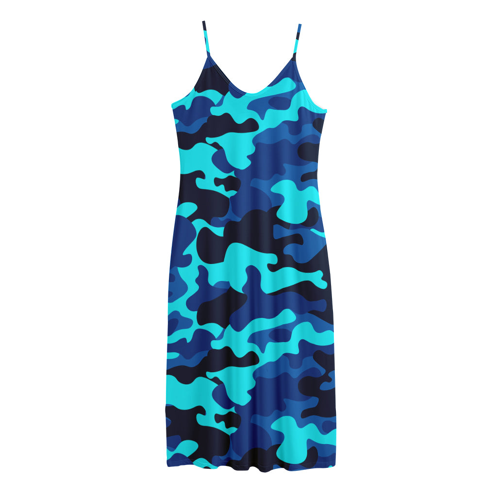 Blue And Black Camouflage Print Jersey Midi Cami Dress