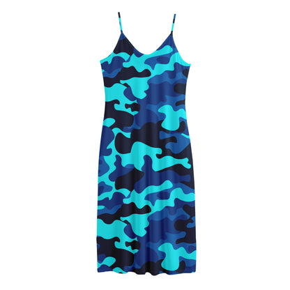 Blue And Black Camouflage Print Jersey Midi Cami Dress