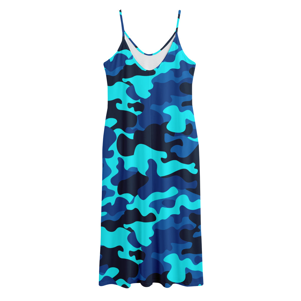 Blue And Black Camouflage Print Jersey Midi Cami Dress