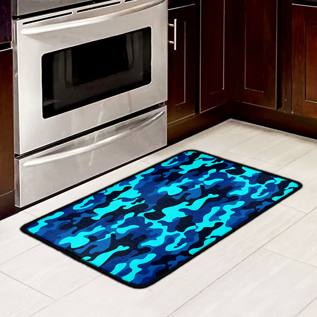 Blue And Black Camouflage Print Kitchen Mat