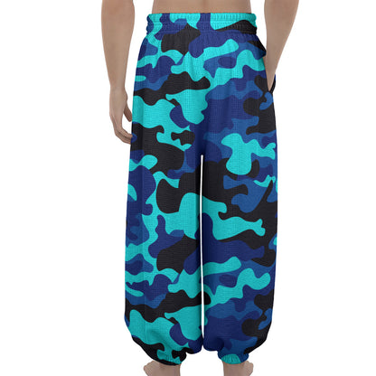 Blue And Black Camouflage Print Lantern Pants
