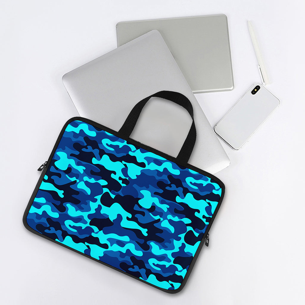 Blue And Black Camouflage Print Laptop Sleeve With Handle