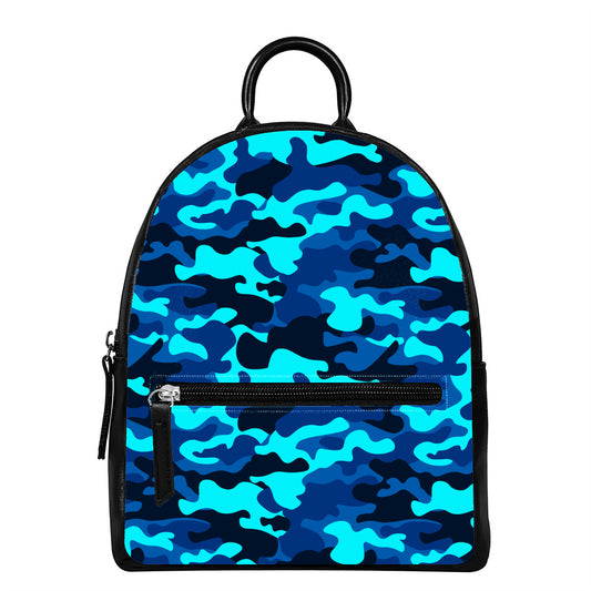 Blue And Black Camouflage Print Leather Backpack