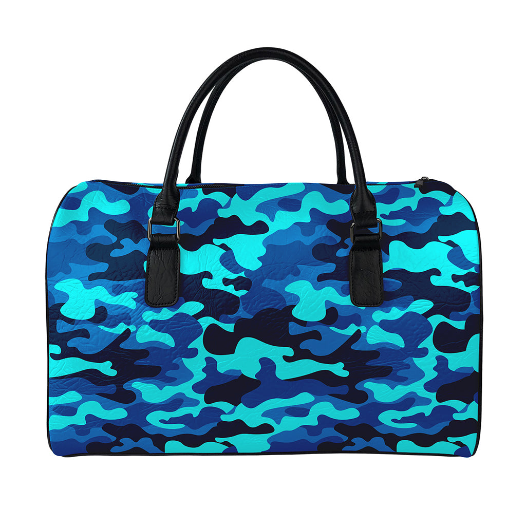 Blue And Black Camouflage Print Leather Duffle Bag